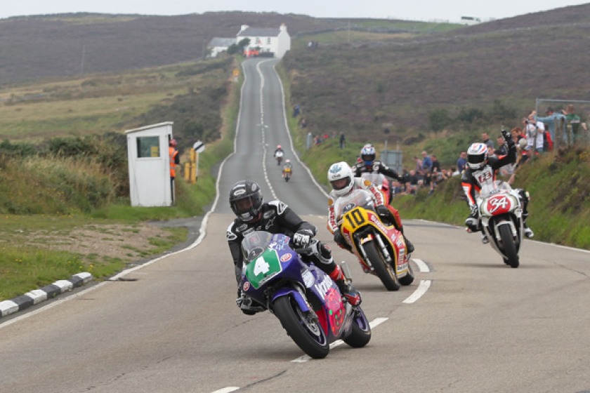 Picture by Dave Kneen at manxphotosonline shows John McGuinness (4), Mick Grant (10), Steve Plater (34) and Philip McCallen at the Creg Ny Baa during the 2013 Classic Racer Lap of Honour.